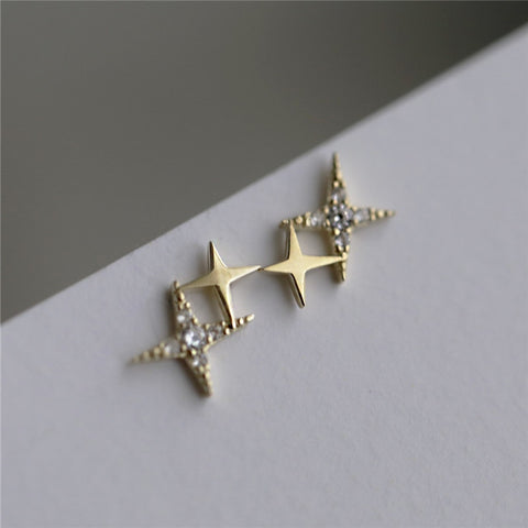 Silver Micro Inlaid Crystal Four-Pointed Star Plating Gold Earrings