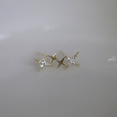 Silver Micro Inlaid Crystal Four-Pointed Star Plating Gold Earrings