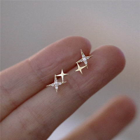 Silver Micro Inlaid Crystal Four-Pointed Star Plating Gold Earrings