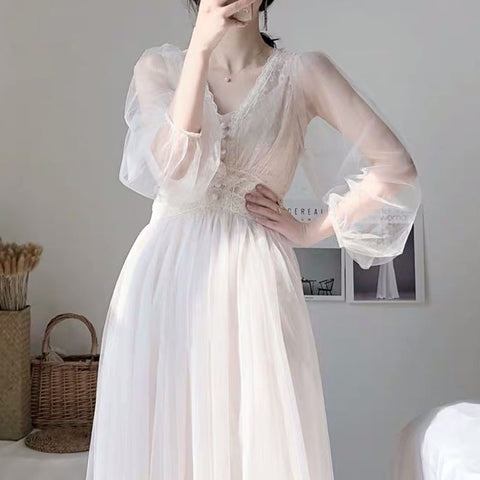 Elegant A-Line Vestidos Solid Puff Sleeve Empire V-Neck Ladies Lace Dress Mesh