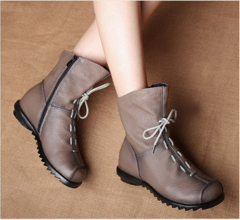Genuine Leather Plush women short Boots Retro Casual