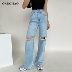 Fashion Jeans High Waist Ripped Wide Leg Loose Denim Trousers