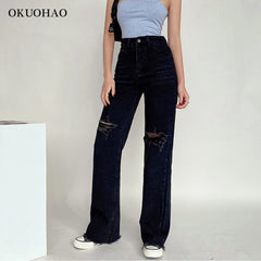 Fashion Jeans High Waist Ripped Wide Leg Loose Denim Trousers