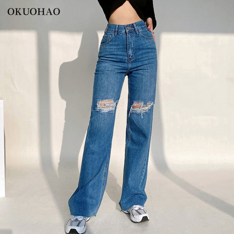 Fashion Jeans High Waist Ripped Wide Leg Loose Denim Trousers