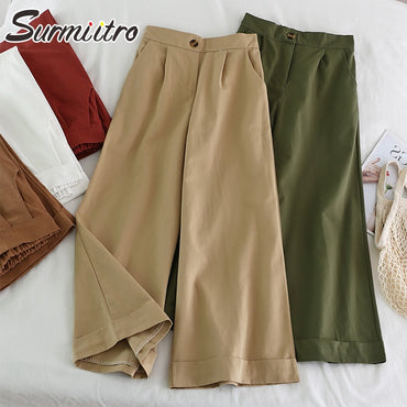 Style Wide Leg Ankle Pants High Waist Trousers Femme