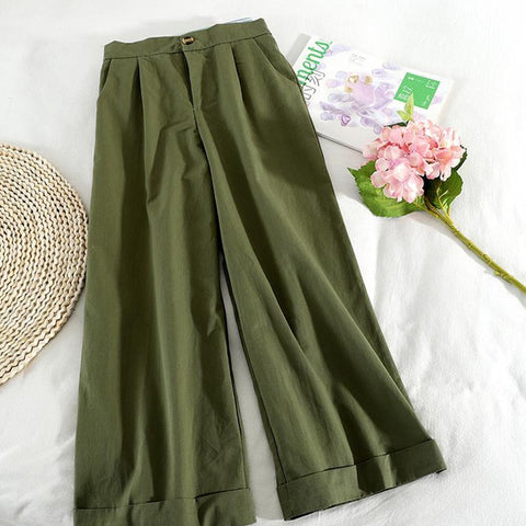 Style Wide Leg Ankle Pants High Waist Trousers Femme