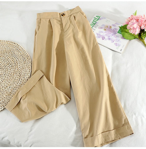 Style Wide Leg Ankle Pants High Waist Trousers Femme