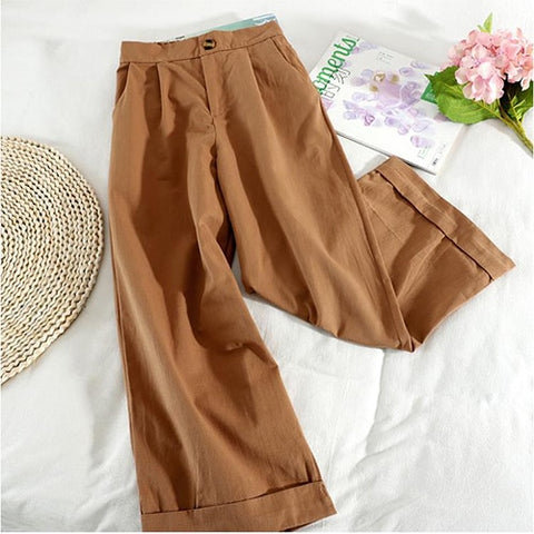 Style Wide Leg Ankle Pants High Waist Trousers Femme