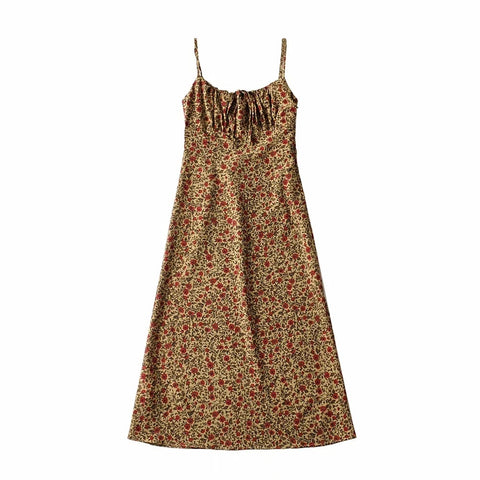 Bohemian Brown Floral Print Backless Sling Dress