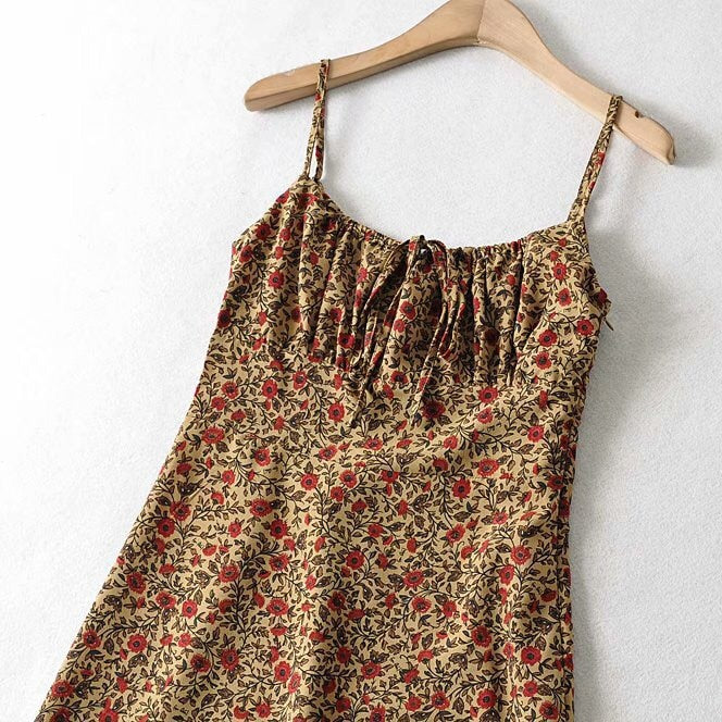 Bohemian Brown Floral Print Backless Sling Dress