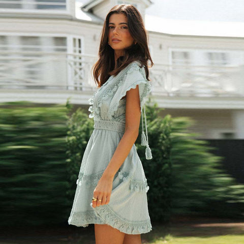 Tassel Women Summer Cotton Batwing Sleeve Sundress Lace