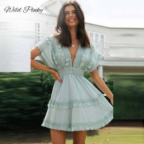 Tassel Women Summer Cotton Batwing Sleeve Sundress Lace