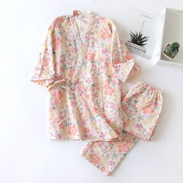 style kimono cotton fresh style pajamas suit female casual