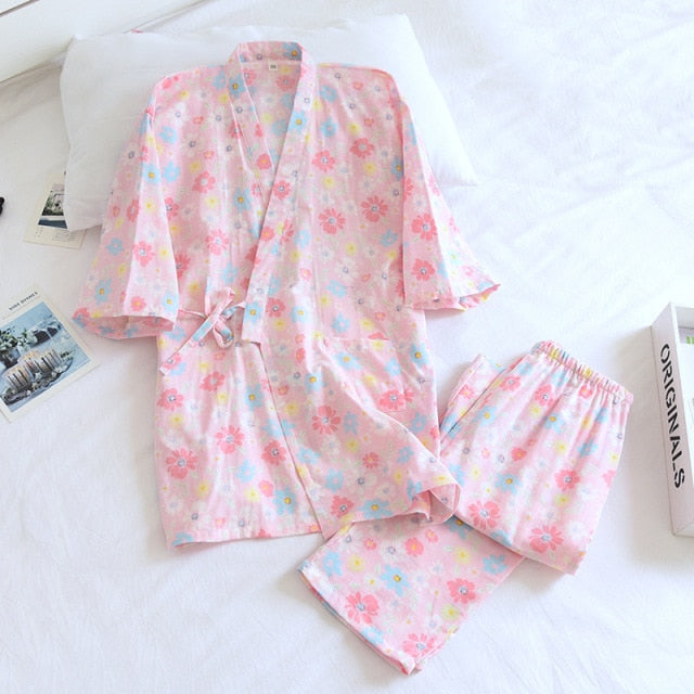 style kimono cotton fresh style pajamas suit female casual