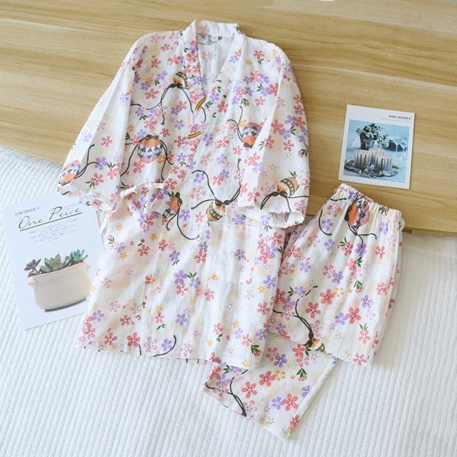 style kimono cotton fresh style pajamas suit female casual