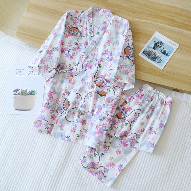 style kimono cotton fresh style pajamas suit female casual