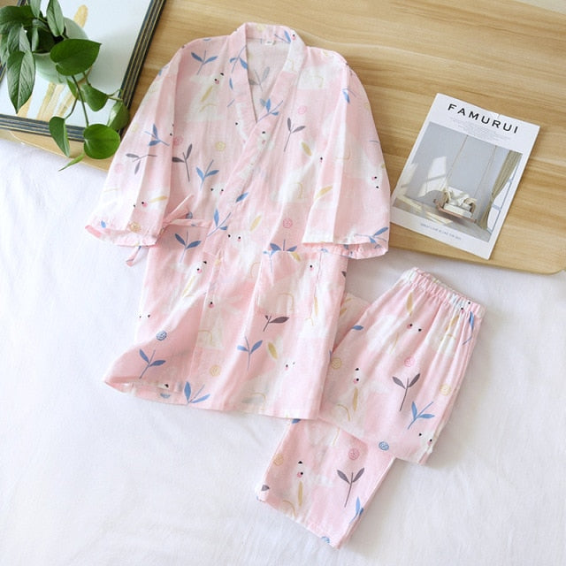 style kimono cotton fresh style pajamas suit female casual