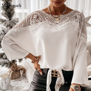 Crochet Embroidery Lace Blouses  Lace Stitching Shirts Vintage Plus Size