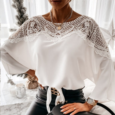Crochet Embroidery Lace Blouses  Lace Stitching Shirts Vintage Plus Size