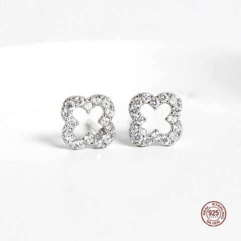 Sterling Silver Hollow Clover Ear Studs Shining Zircon Crystal Earrings