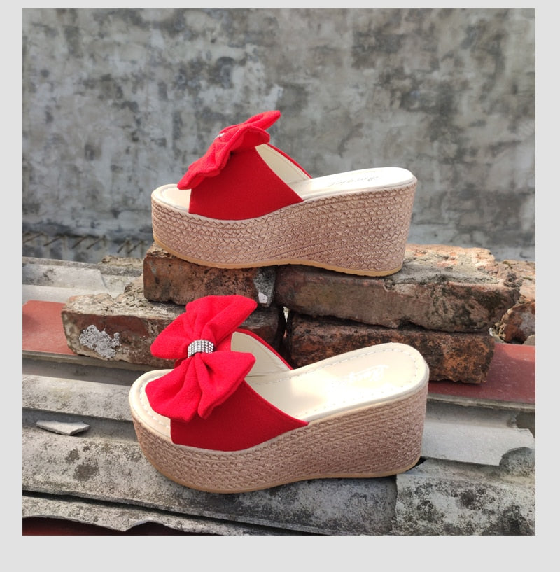 9cm Heels Platform Wedge Slippers Butterfly-knot Female Sandals