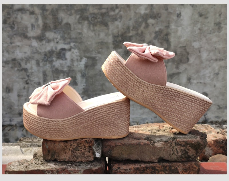 9cm Heels Platform Wedge Slippers Butterfly-knot Female Sandals