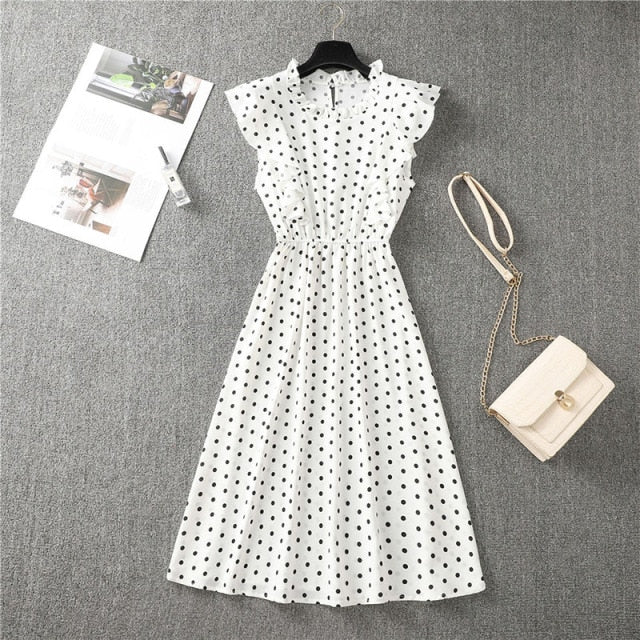 Polka Dot Chiffon Dress Short Sleeve Party Sweet Slim A-Line Casual