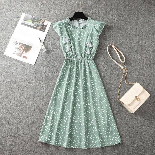 Polka Dot Chiffon Dress Short Sleeve Party Sweet Slim A-Line Casual