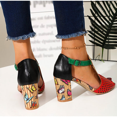 Women's Sandals Female High Heels Sandals For Women Peep Toe Shoes PU Buckle