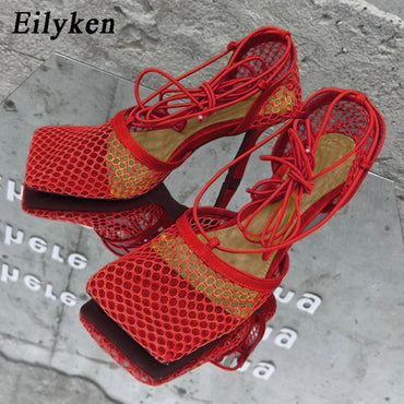 Mesh Pumps Sandals Female Square Toe high heel Lace Up Cross-tied Stiletto