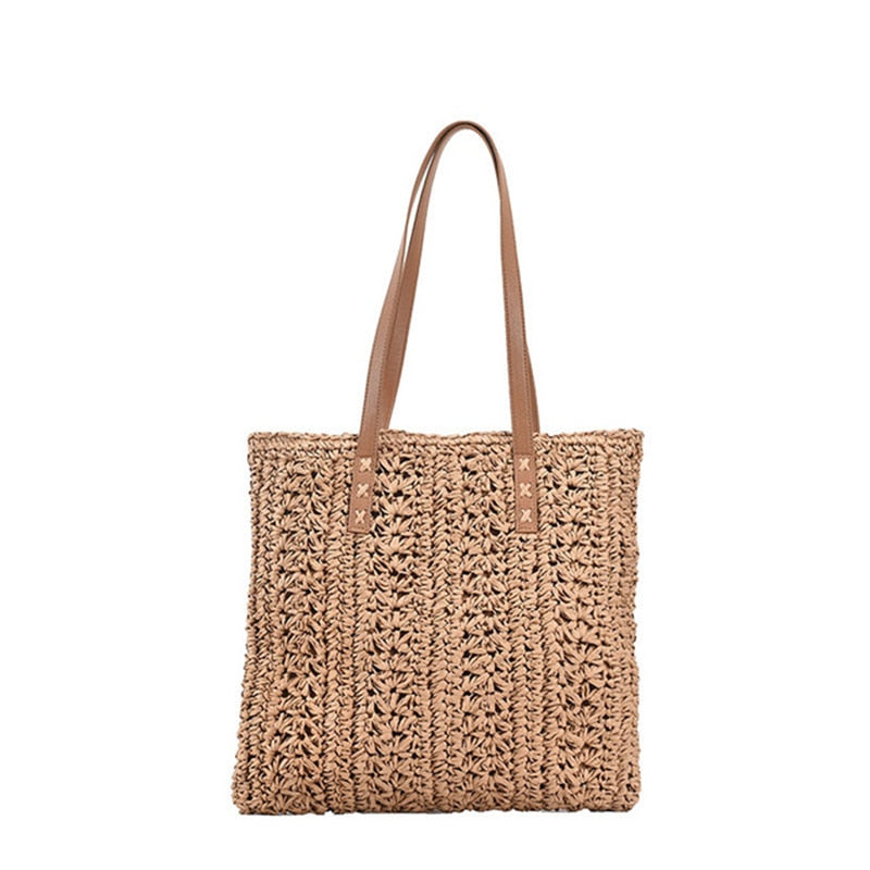 Square Hollow Straw Beach Bag Handmade Woven Shoulder Bag