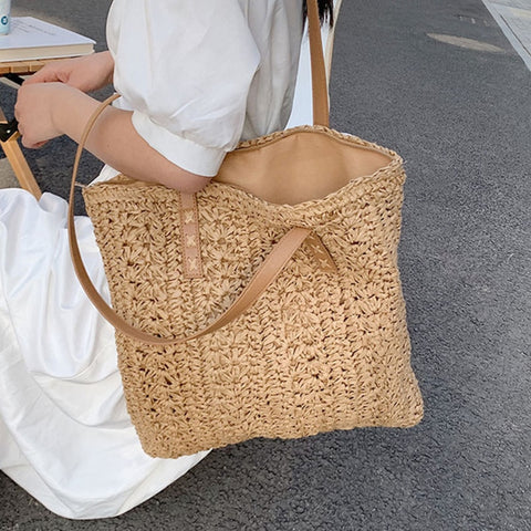 Square Hollow Straw Beach Bag Handmade Woven Shoulder Bag