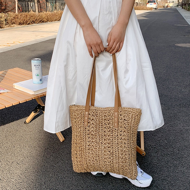 Square Hollow Straw Beach Bag Handmade Woven Shoulder Bag