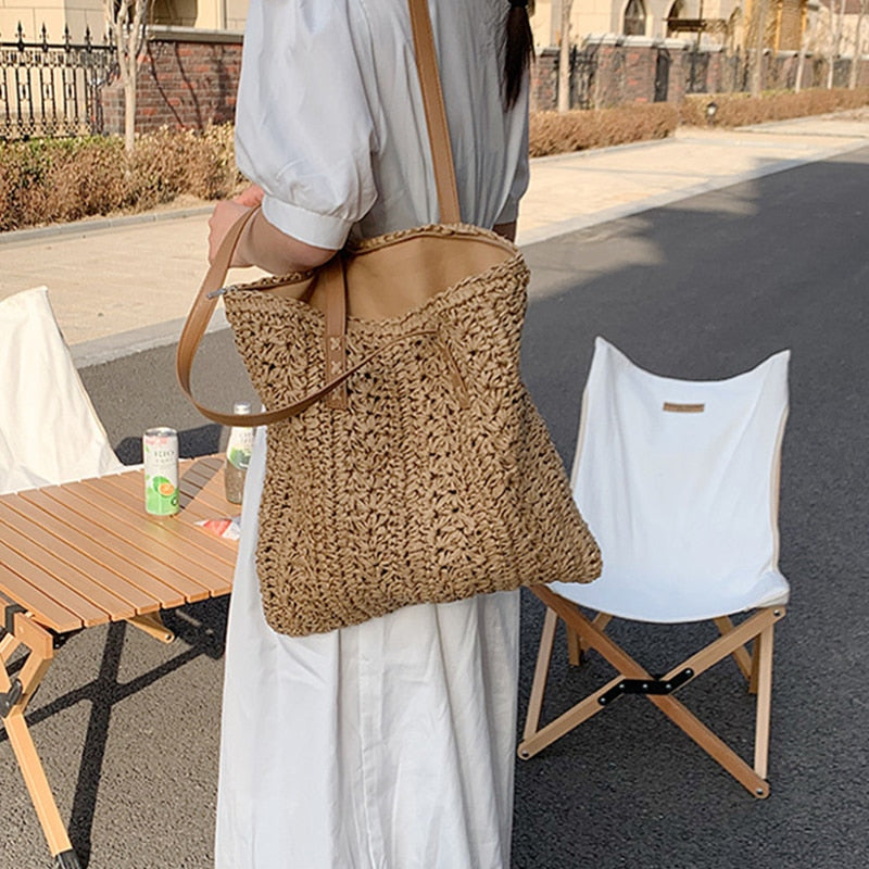 Square Hollow Straw Beach Bag Handmade Woven Shoulder Bag