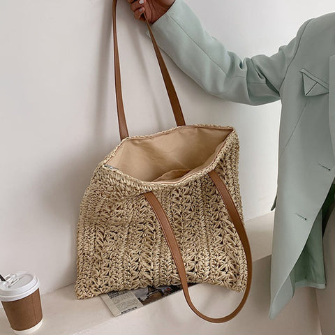 Square Hollow Straw Beach Bag Handmade Woven Shoulder Bag