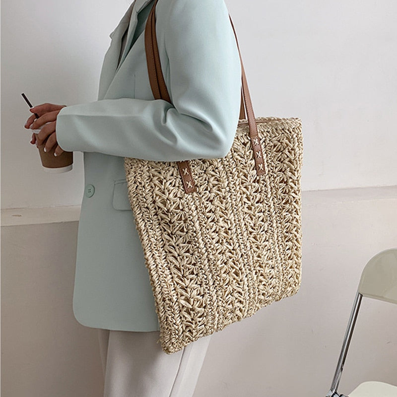 Square Hollow Straw Beach Bag Handmade Woven Shoulder Bag