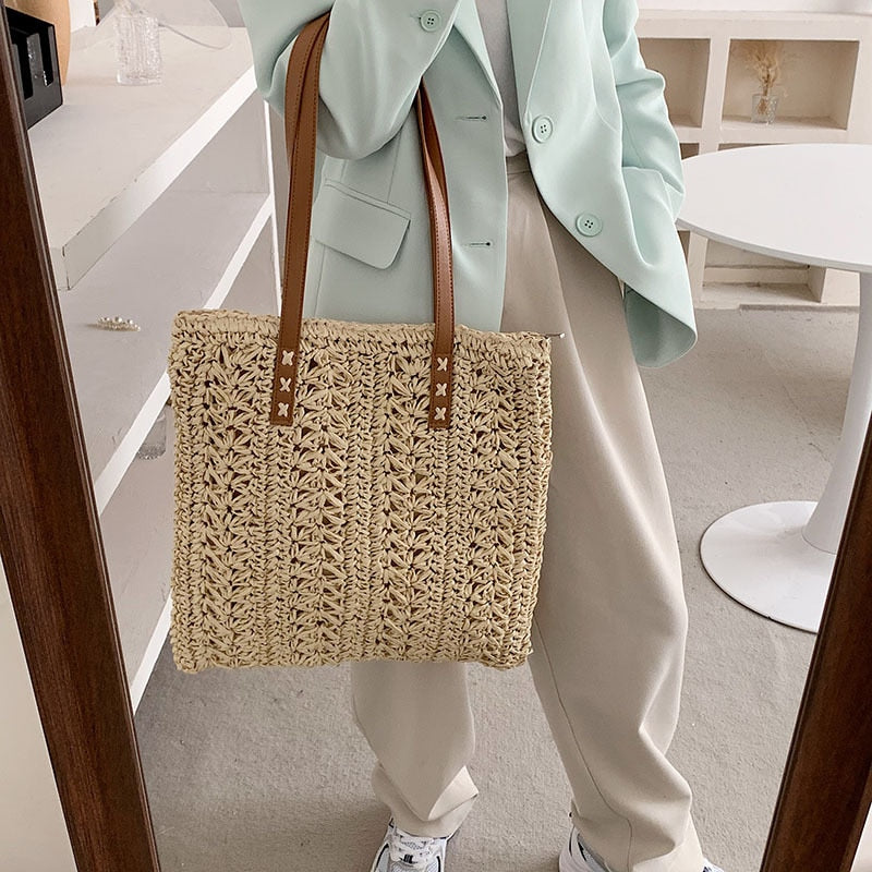 Square Hollow Straw Beach Bag Handmade Woven Shoulder Bag