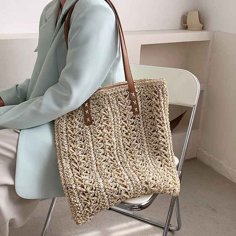 Square Hollow Straw Beach Bag Handmade Woven Shoulder Bag