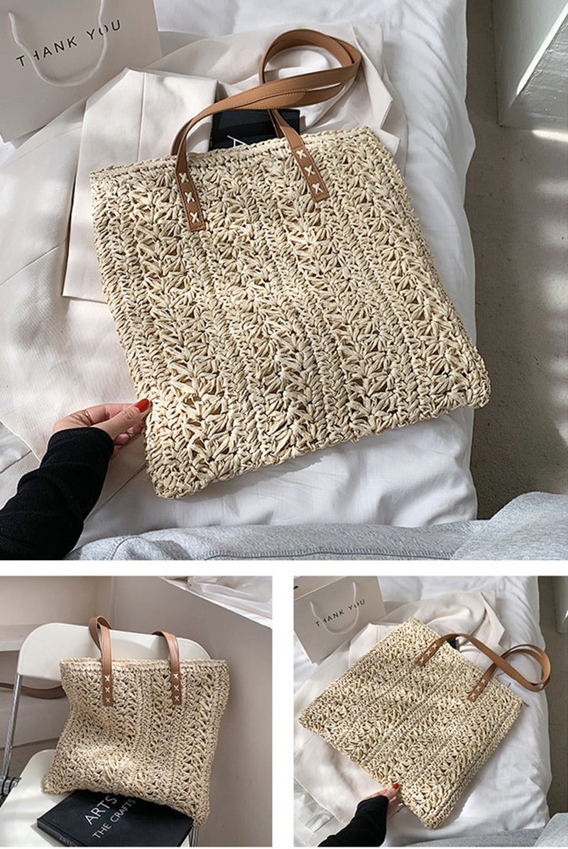 Square Hollow Straw Beach Bag Handmade Woven Shoulder Bag