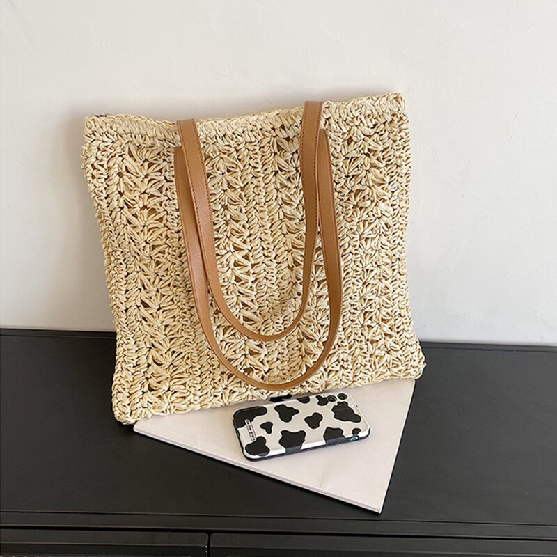 Square Hollow Straw Beach Bag Handmade Woven Shoulder Bag