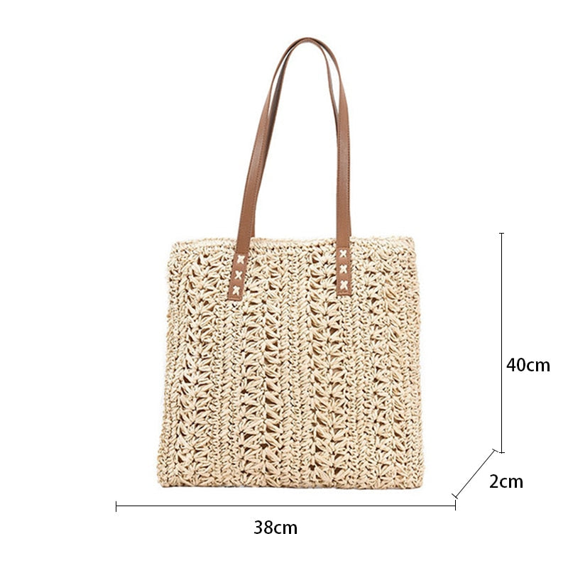 Square Hollow Straw Beach Bag Handmade Woven Shoulder Bag