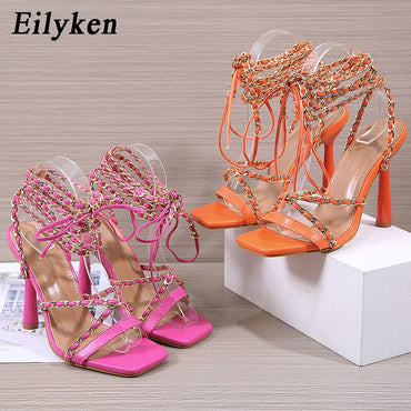 Fashion Chain Ankle Lace-Up Sandals Square Open Toe Stilleto Heels