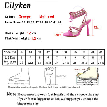 Fashion Chain Ankle Lace-Up Sandals Square Open Toe Stilleto Heels