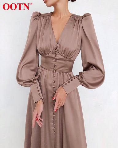 High Waist Satin Long Dress Elegant V Neck Women Midi Dresses Lantern Sleeve