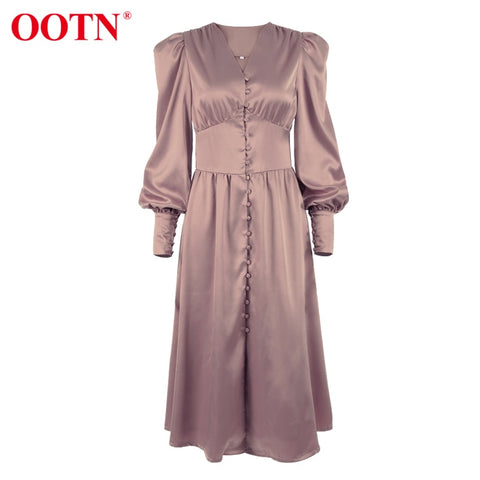 High Waist Satin Long Dress Elegant V Neck Women Midi Dresses Lantern Sleeve