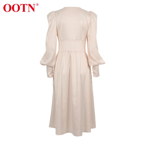 High Waist Satin Long Dress Elegant V Neck Women Midi Dresses Lantern Sleeve