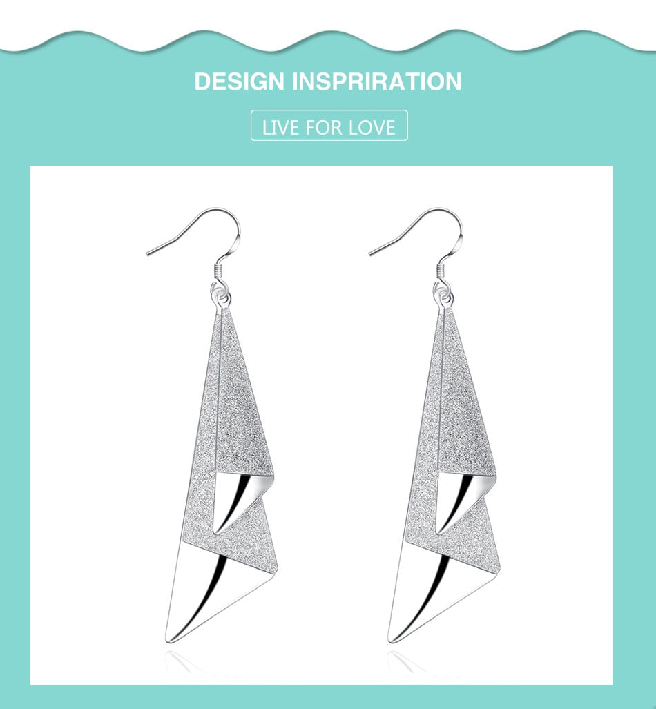 Silver Frosted Long Geometric Drop Earrings Charm Jewelry