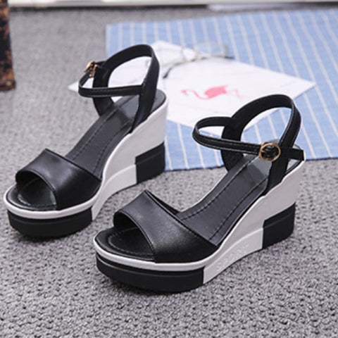 Sandals Shoes Summer Wedges High Heels Fashion Ladies Peep Toe Buckle Strap
