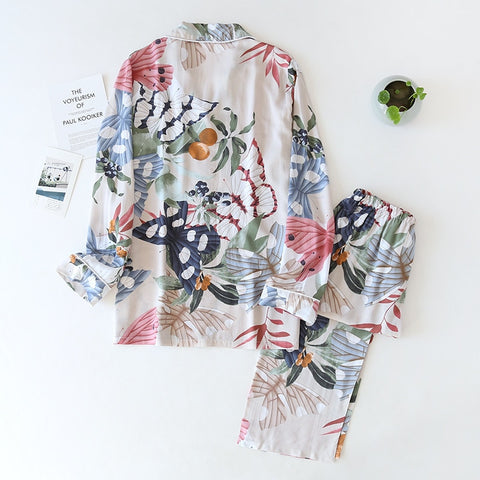 long-sleeved trousers ladies pajamas set viscose cardigan butterfly flower