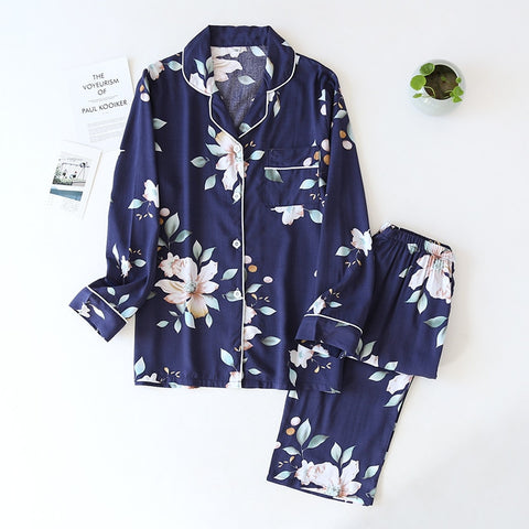 long-sleeved trousers ladies pajamas set viscose cardigan butterfly flower